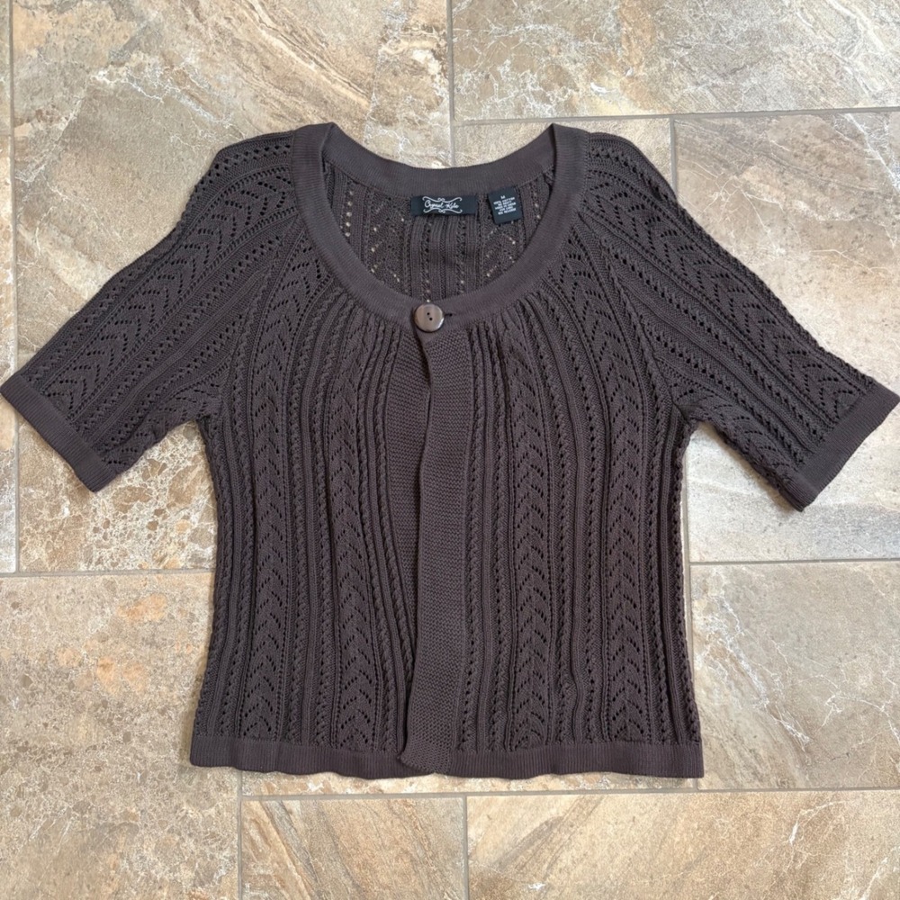 Crystal Kobe Womens Brown Pointelle Knit Short Sleeve Button Cardigan Sweater M